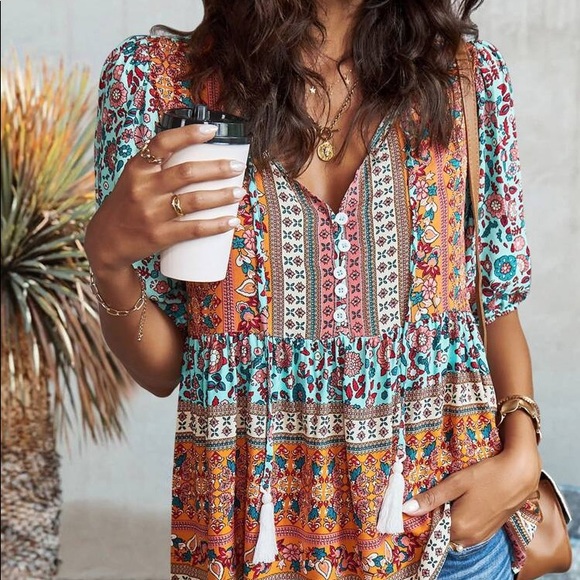 🧡 BOHO BLUE ORANGE MULTI FLORAL LOOSE FIT TOP! - Picture 5 of 8